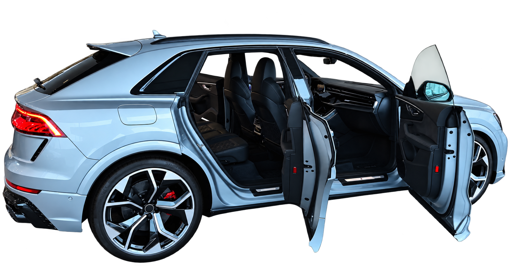 Ilustrație Audi Q8 argintiu cu ușile deschise, pentru prezentarea curățării exteriorului și interiorului
